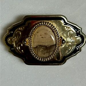 Gold W/Black Trim & Brown Agate Gemstone Rock ~ Floral Engraved Belt Buckle